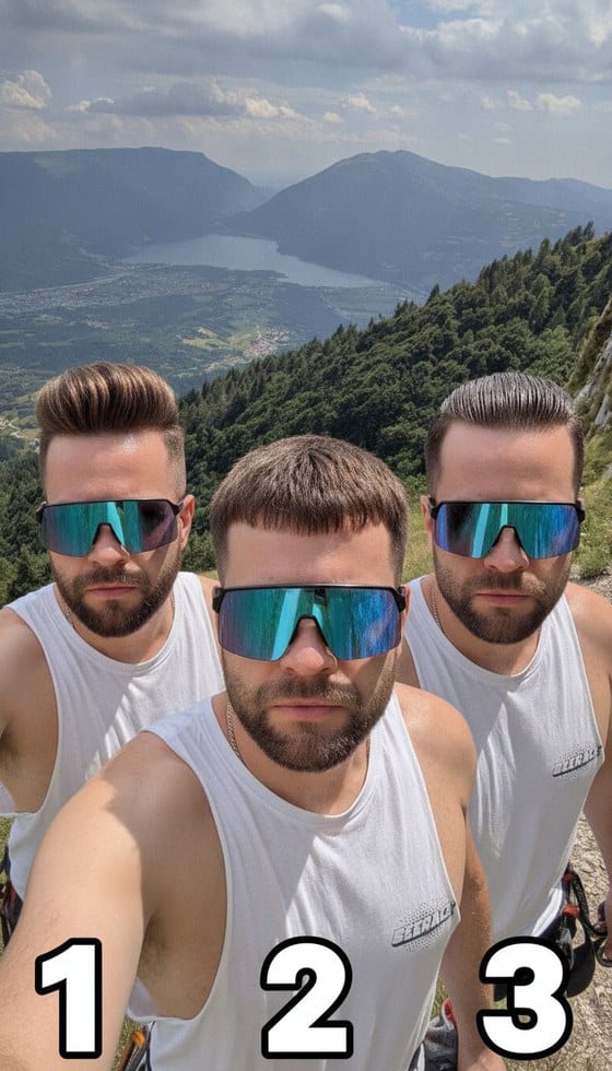 Un selfie in entrata — tre proposte di taglio numerate 1, 2, 3